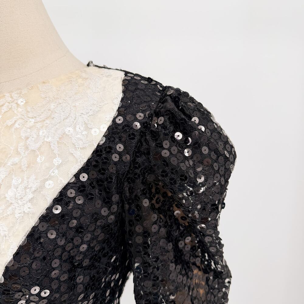 Vintage 80s Dave & Johnny Joseph Lara White Black Sequin Fringe Dress - Picture 3 of 10